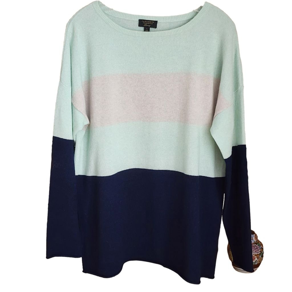 CHARTER CLUB Crew Neck Sweater L Mint Green Navy Blue Colorblock